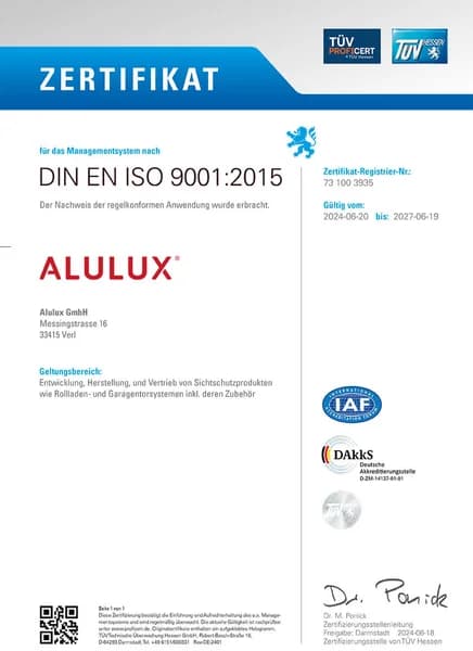 Zertifikat DIN EN ISO 9001:2015, Alulux GmbH (DE)