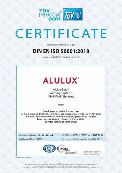 Zertifikat DIN EN ISO 50001:2018, Alulux GmbH (DE)