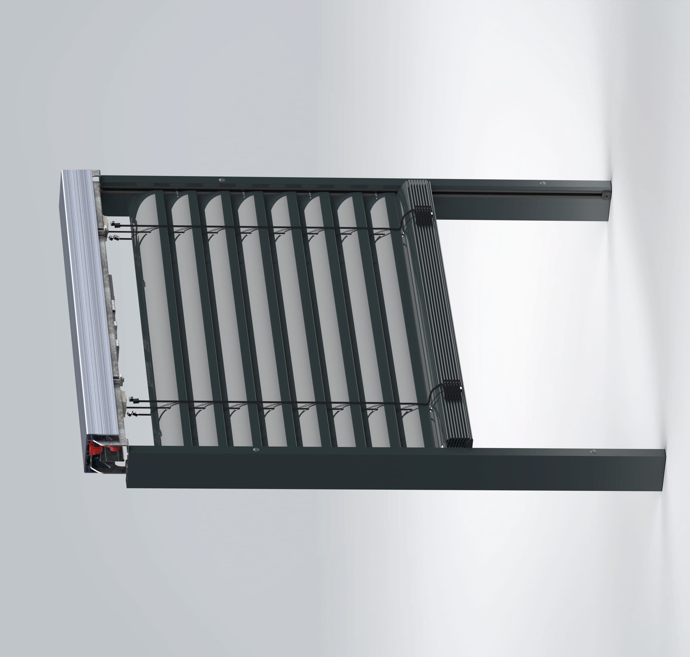 Technische Ansicht des Alulux Easy ARTec Schachtsystems mit Lamellenpaket und Führungsschienen