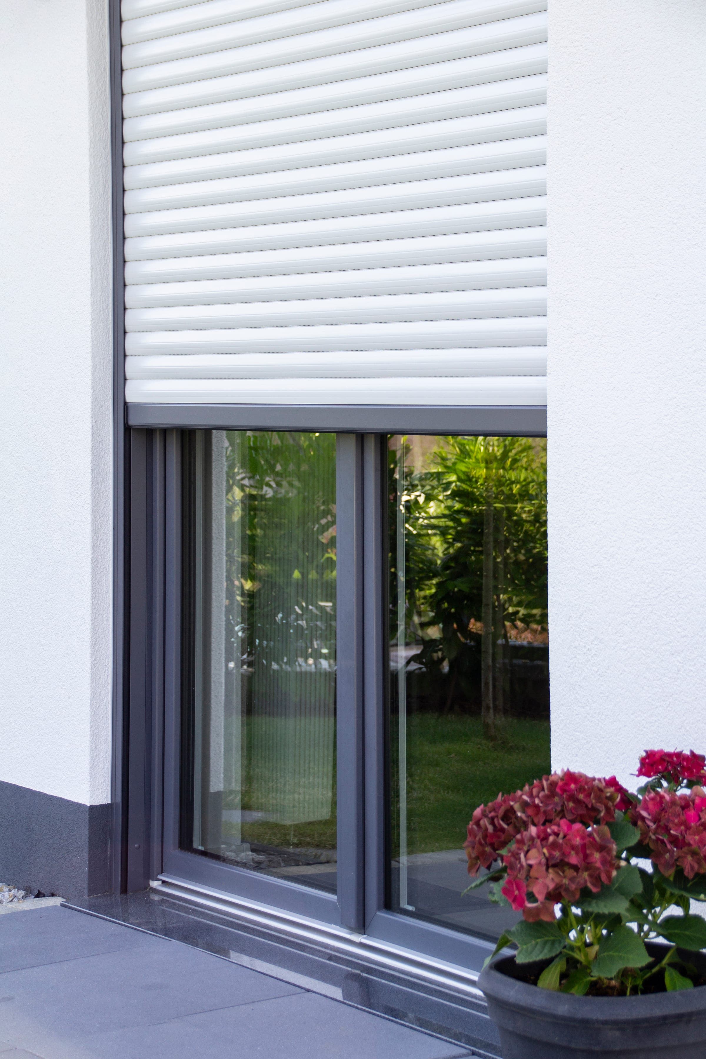 Weißes Wohnhaus mit cremefarbenem Alulux Aufsatzrollladen über einem bodentiefen Fenster